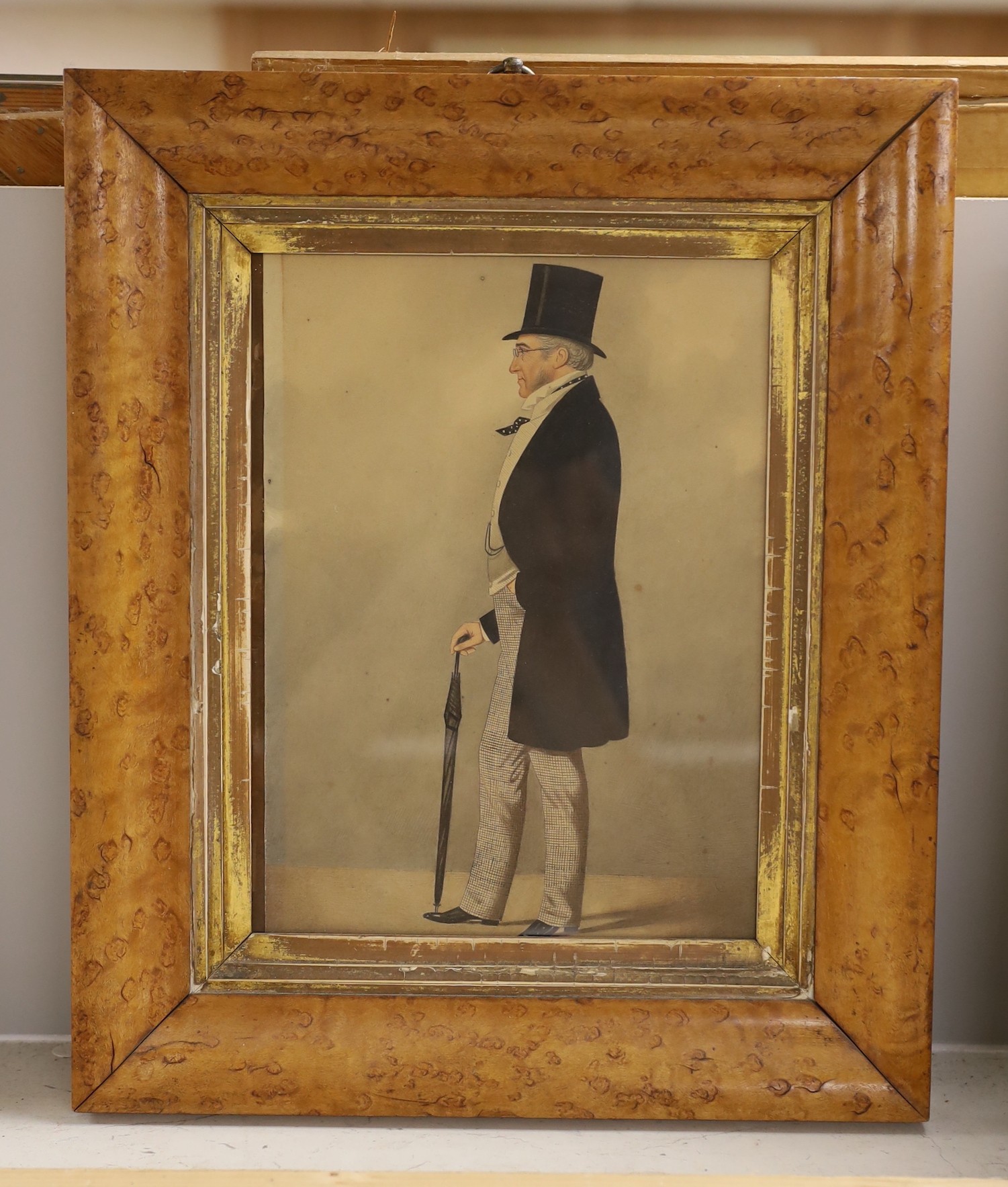 Attributed to Richard Dighton (1795-1880), watercolour, Portrait of a Victorian gentleman, 26 x 19cm, maple framed